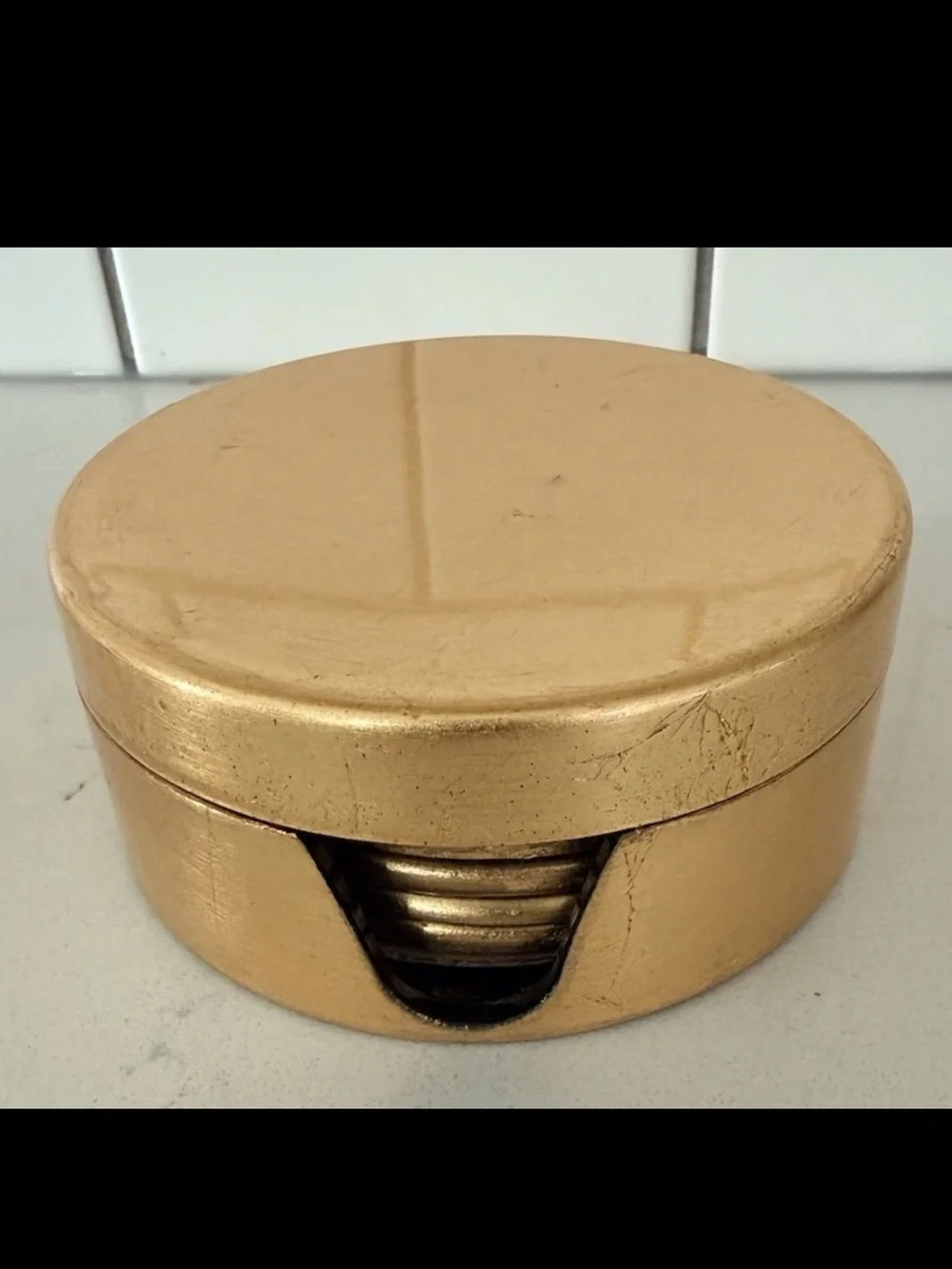 Pier 1 Imports VTG Lacquer Coaster Set 6 w/ Holder Gold Foil Discontinued
